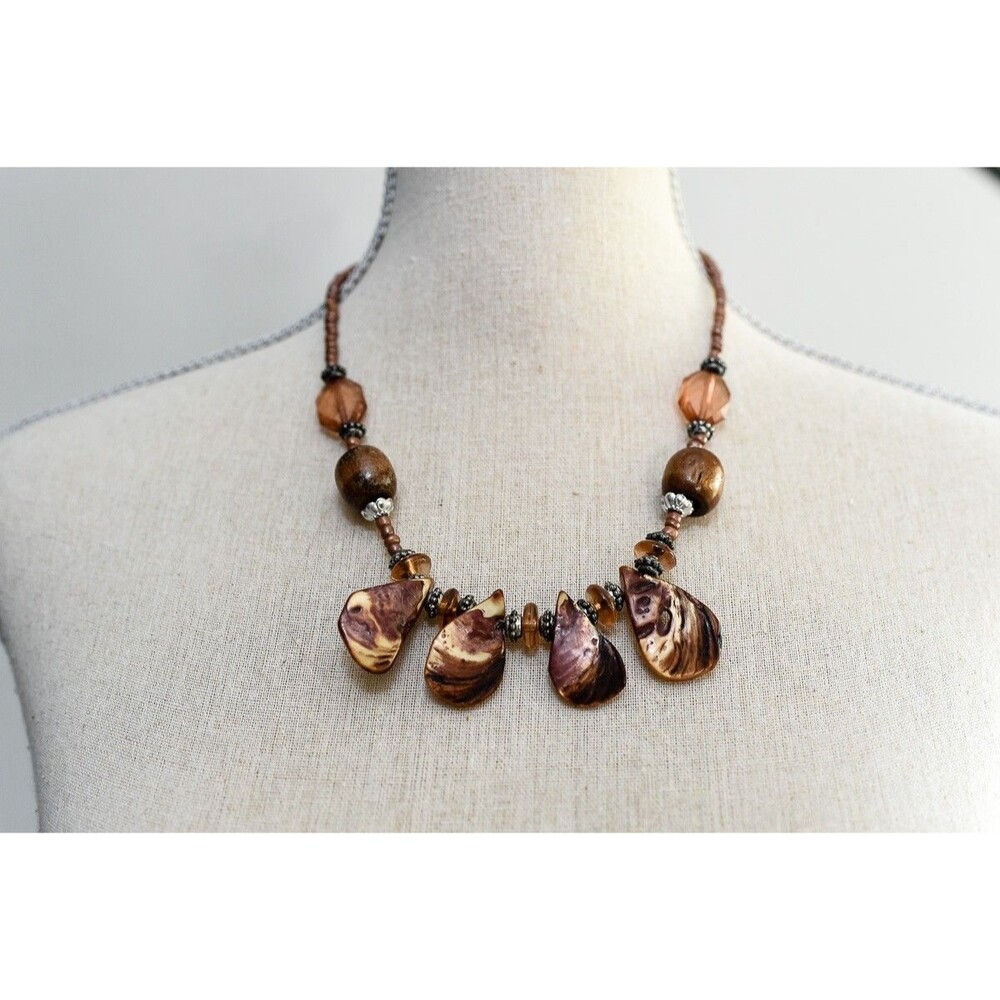 Necklace Brown Shell Glass Beaded boho nautical short